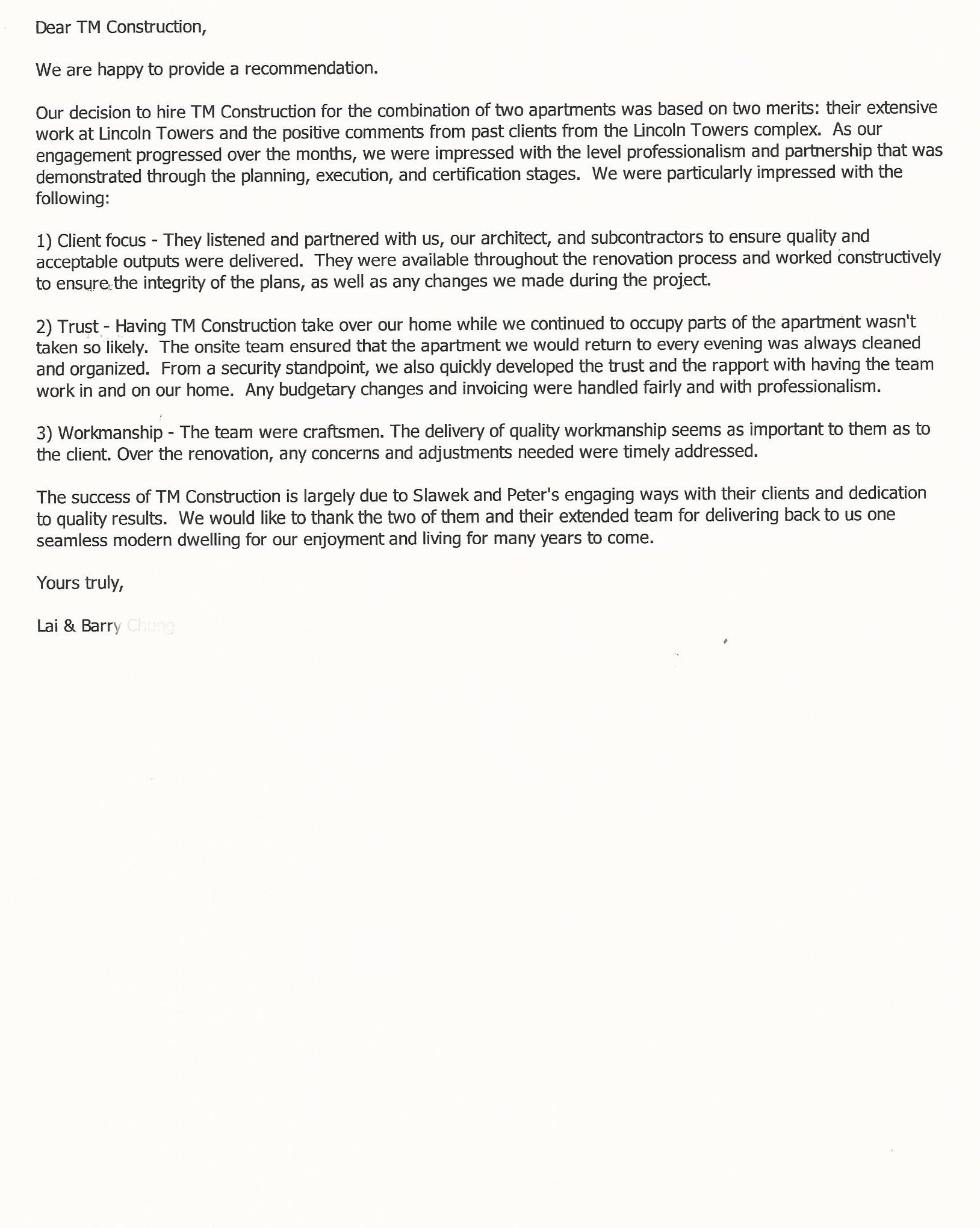 Scanned letter of recommendation addressed to TM Construction, Barry residence
