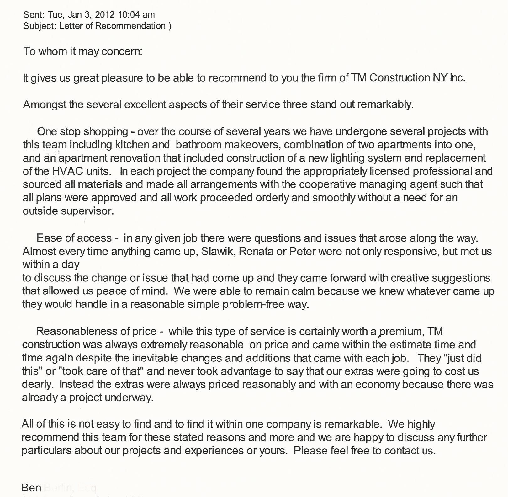 Scanned e-mail letter of recommendation for TM Construction NY Inc. sent January 3, 2012, Berlin residence