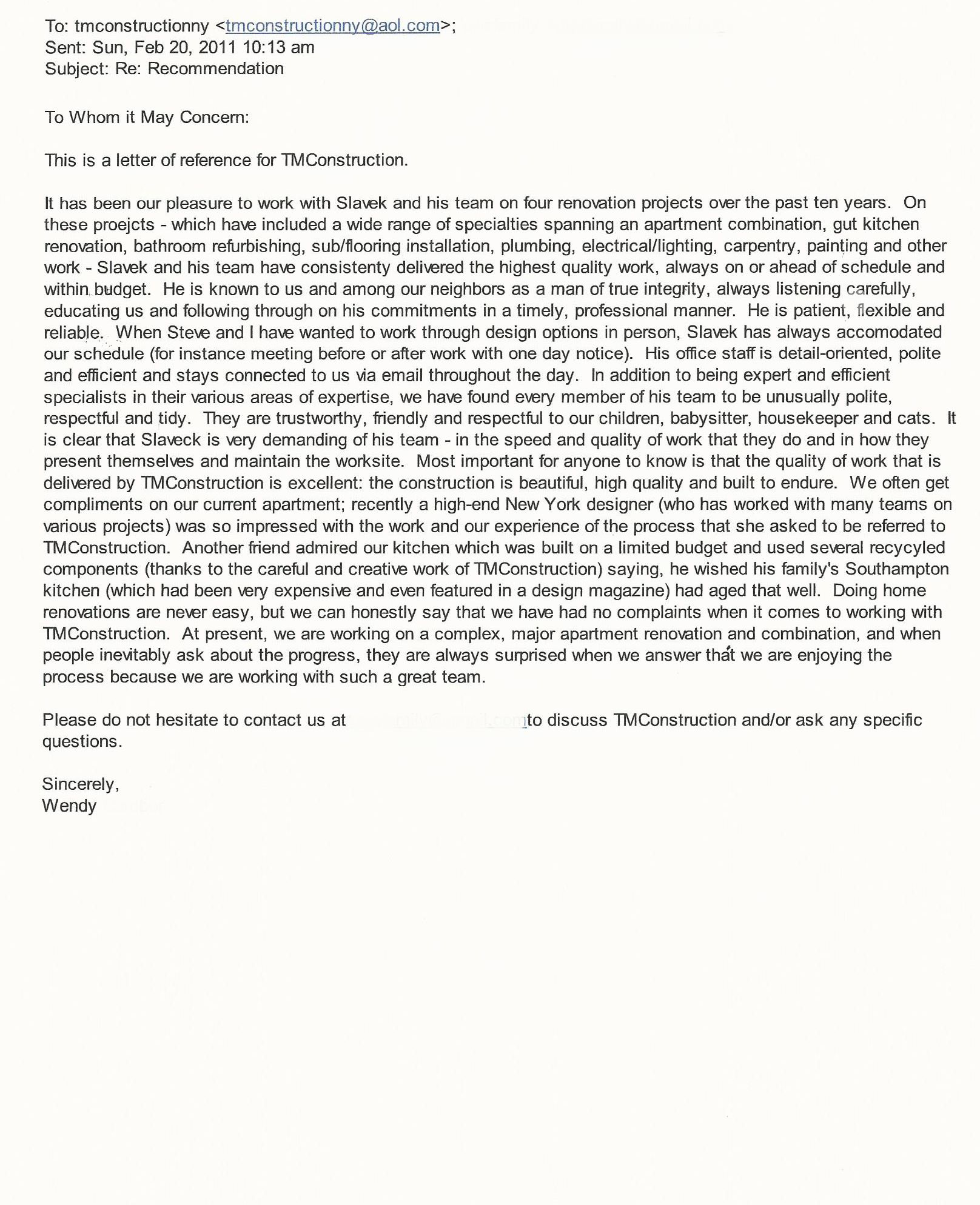 Scanned e-mail letter of reference for TM Construction with a header dated February 20, 2011, Cambor residence