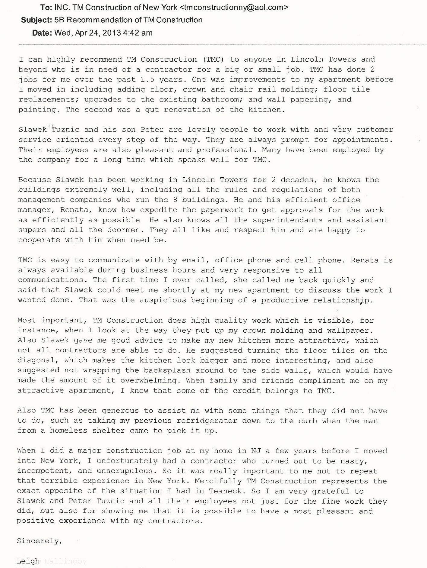 Scanned e-mail of recommendation to TM Construction dated April 24, 2013, Hallingby residence