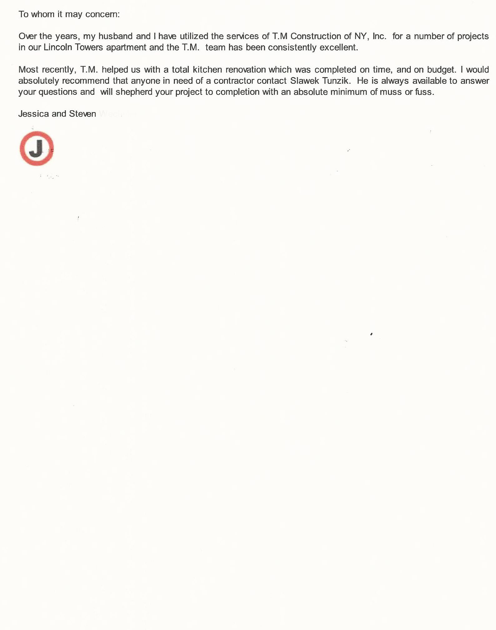 Scanned short letter of recommendation for TM Construction, Josell residence