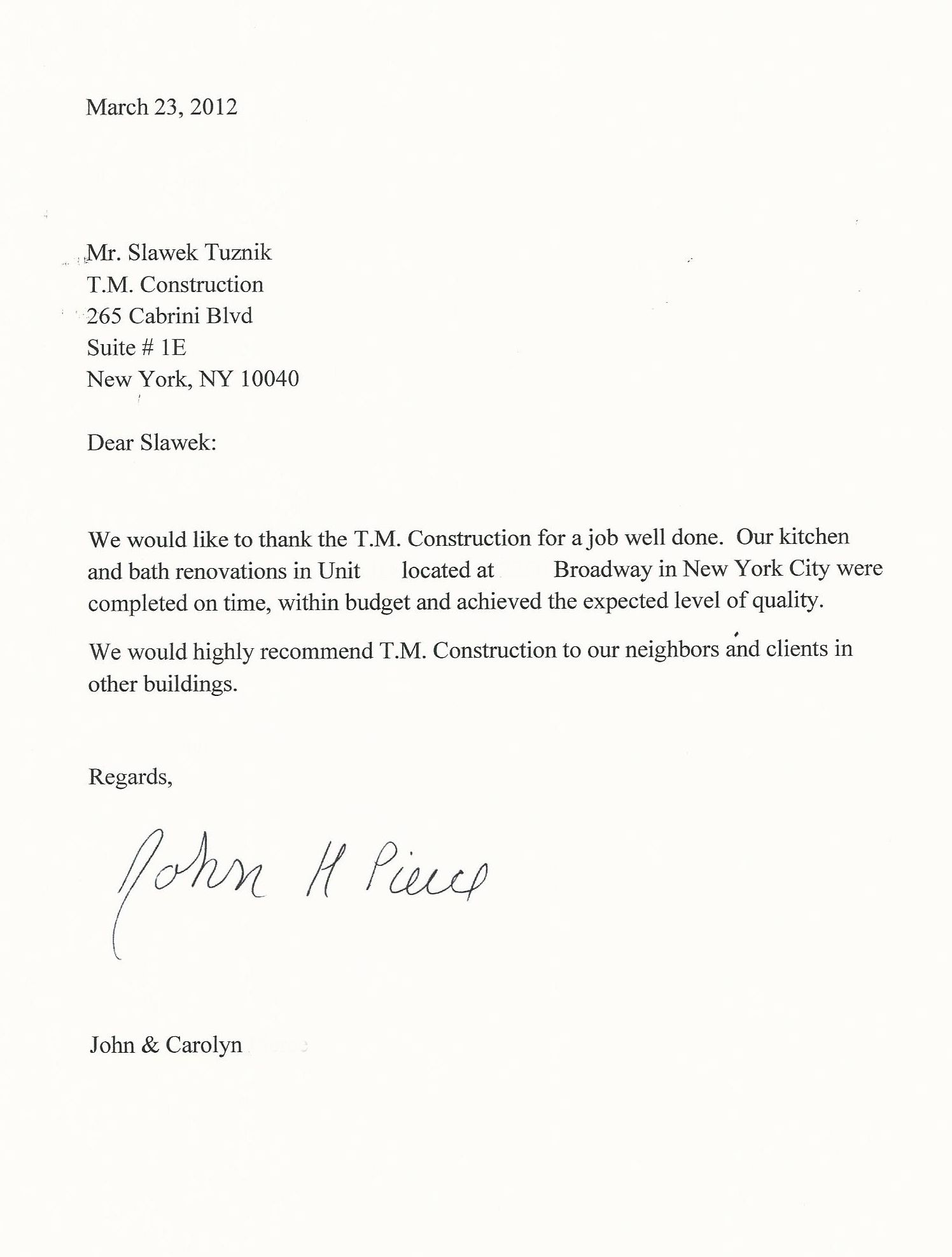 Scanned signed letter to Mr. Slawek Tuznik of T.M. Construction dated March 23, 2012, Pierce residence