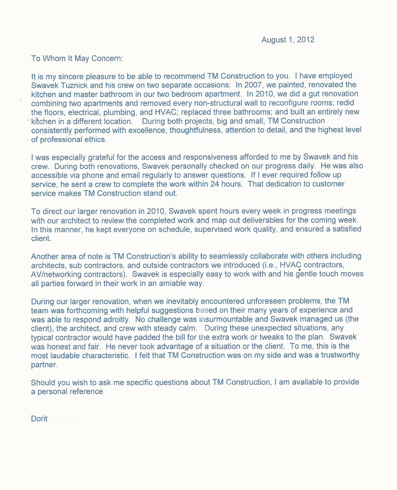 Scanned letter of recommendation for TM Construction dated August 1, 2012, Rabbani residence