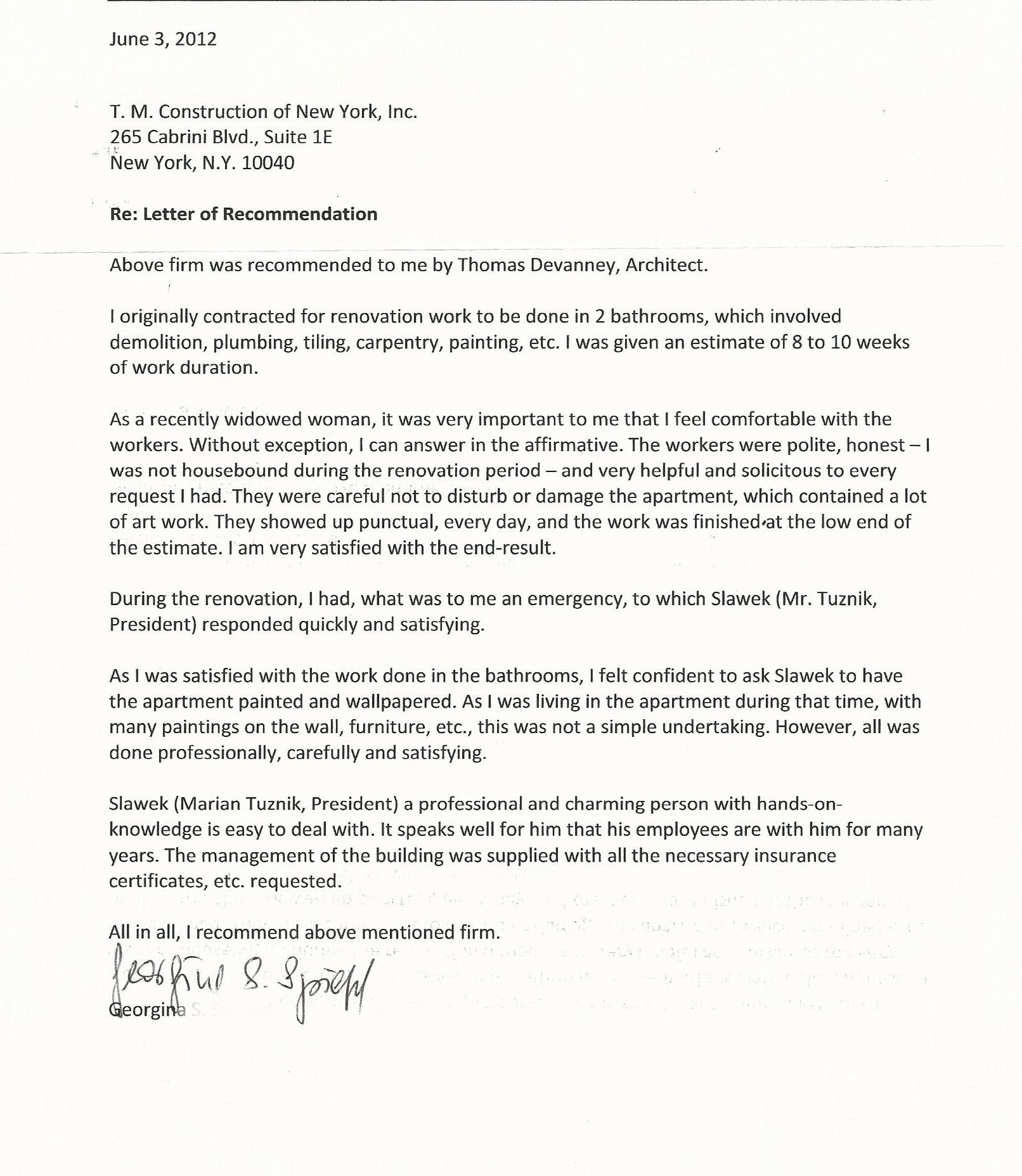 Scanned signed letter of recommendation to TM Construction dated June 3, 2012, Spiegel residence